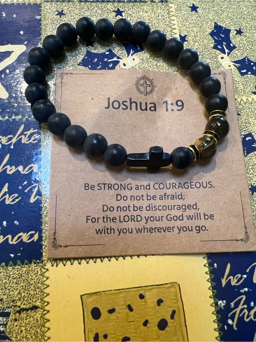 #2680** Unisex’s Joshua 1:9 Matte Black Bead Bracelet with Cross